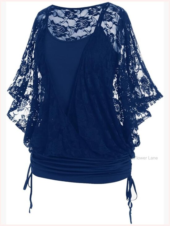 Tops - Plus Size Lace Back Tank Top - Ruched Batwing Sleeve Blouson
